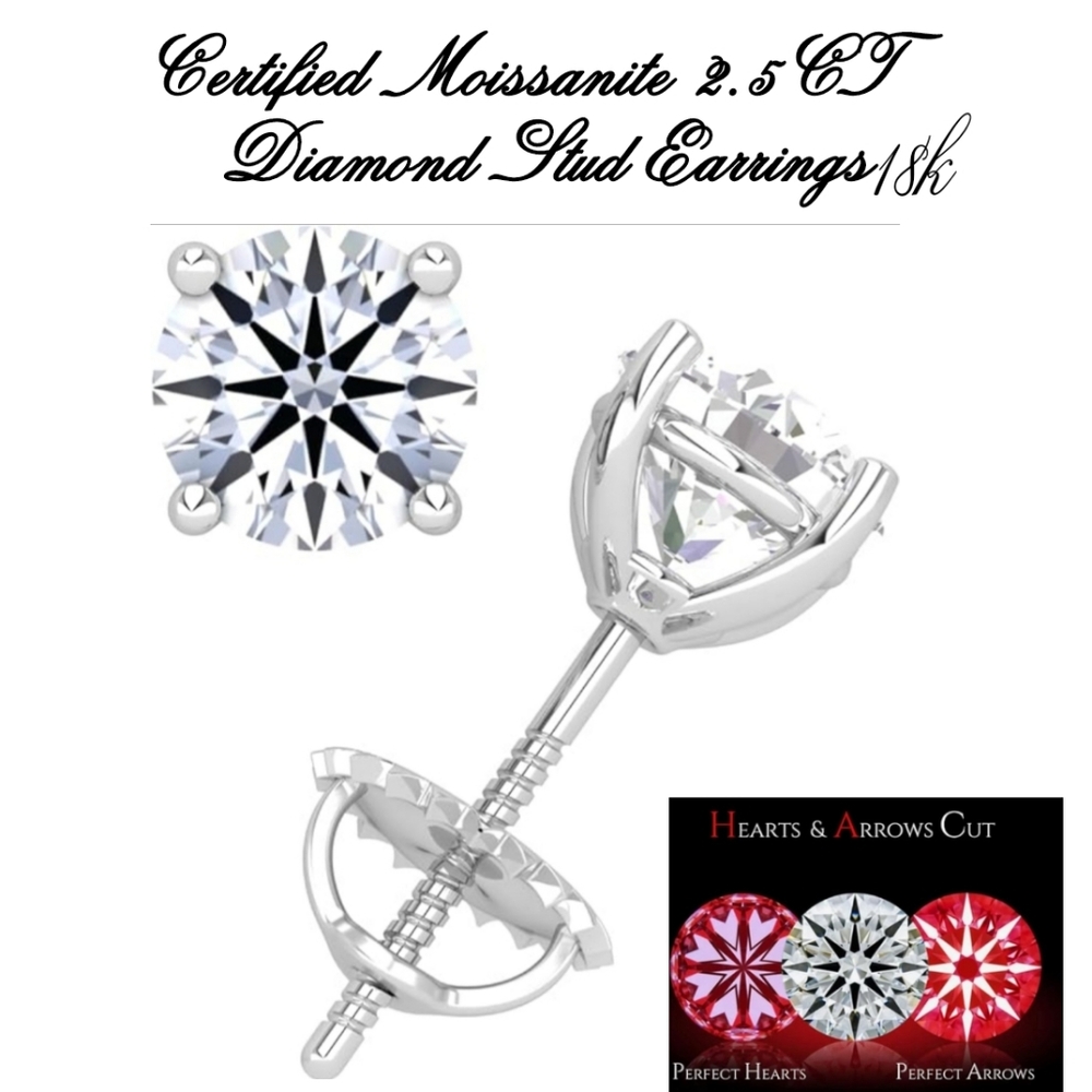 Moissanite Stud Earrings 2.5 D color VVS1 Clarity Round Brilliant Cut